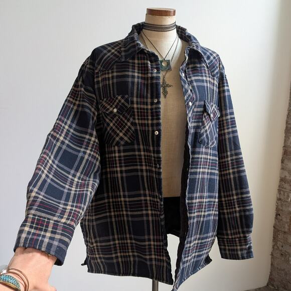 Vintage Wrangler Flannel Jacket Plaid Thermal Shacket Grunge Gorpcore Coat Large - Picture 9 of 13